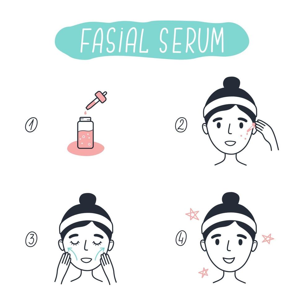 pasos de cómo aplicar el suero facial mujer haciendo masaje facial por líneas.2 vector