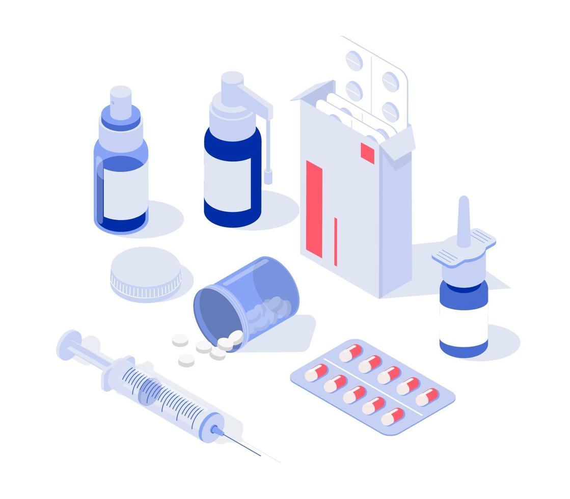 Medication, pharmaceutics concept. Set. Isometric vector illustration.