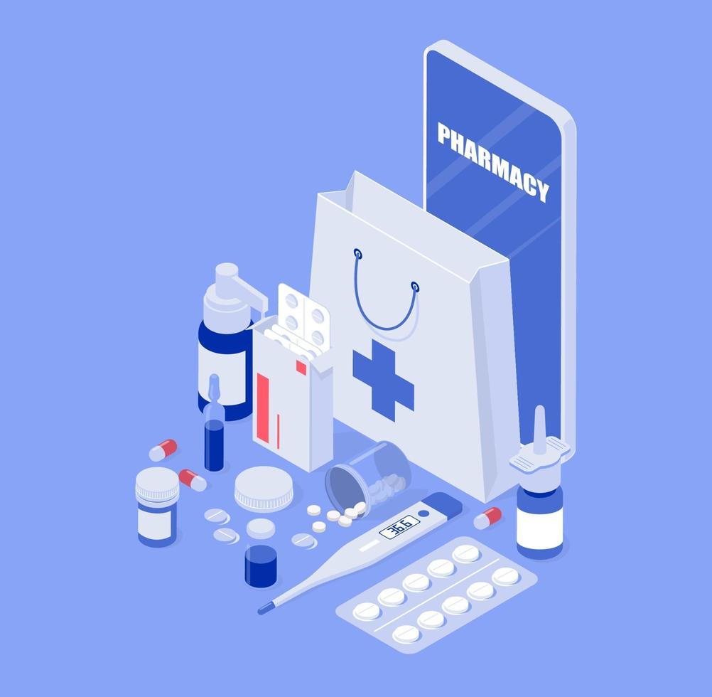 The concept of an online pharmacy-2. Isometric vector illustration.