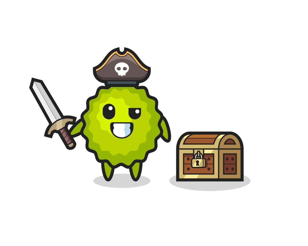 el personaje pirata durian sosteniendo la espada junto a un cofre del tesoro vector