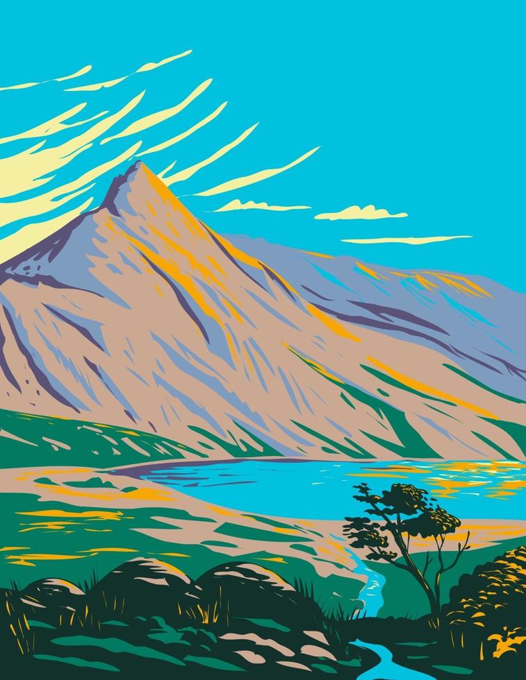 Lake Glaslyn in Snowdonia National Park Wales UK Art Deco WPA Art vector