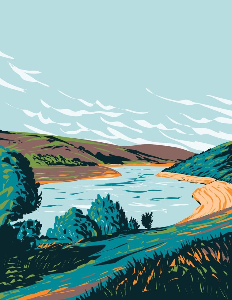 embalse meldon en el parque nacional de dartmoor uk art deco wpa poster art vector