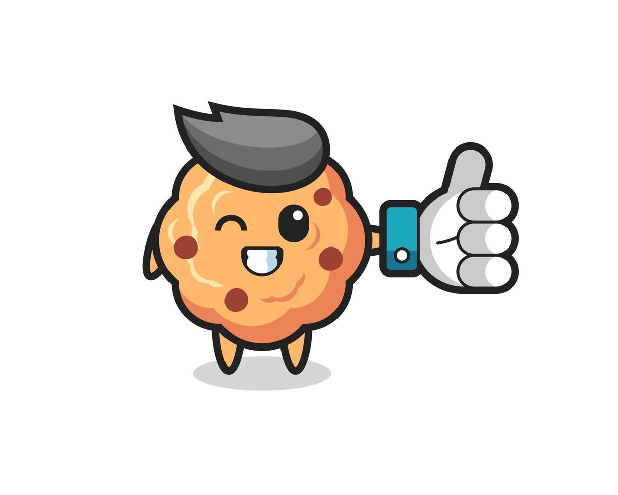 cute chocolate chip cookie with social media thumbs up symbol vector