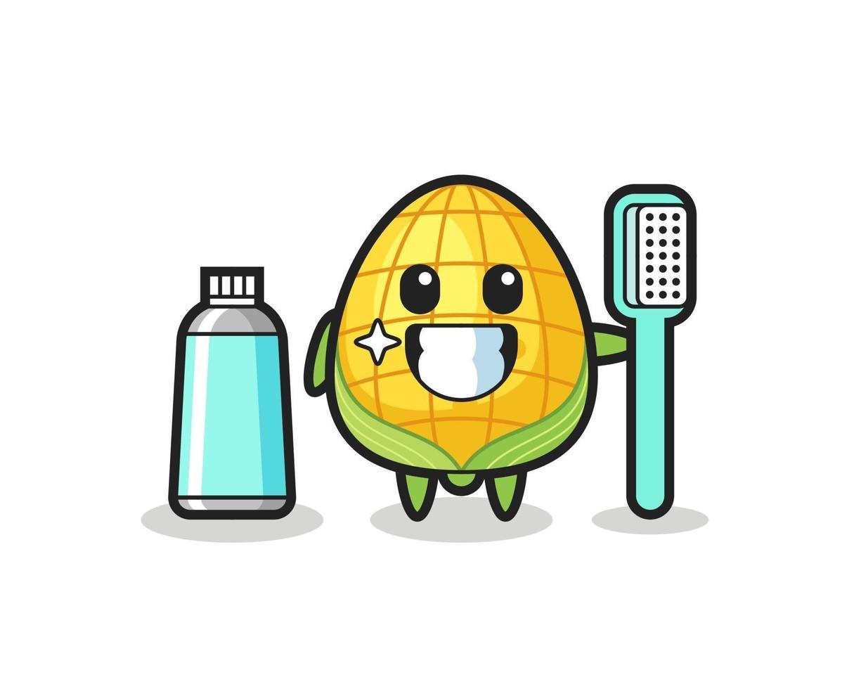 Ilustración de mascota de maíz con un cepillo de dientes vector