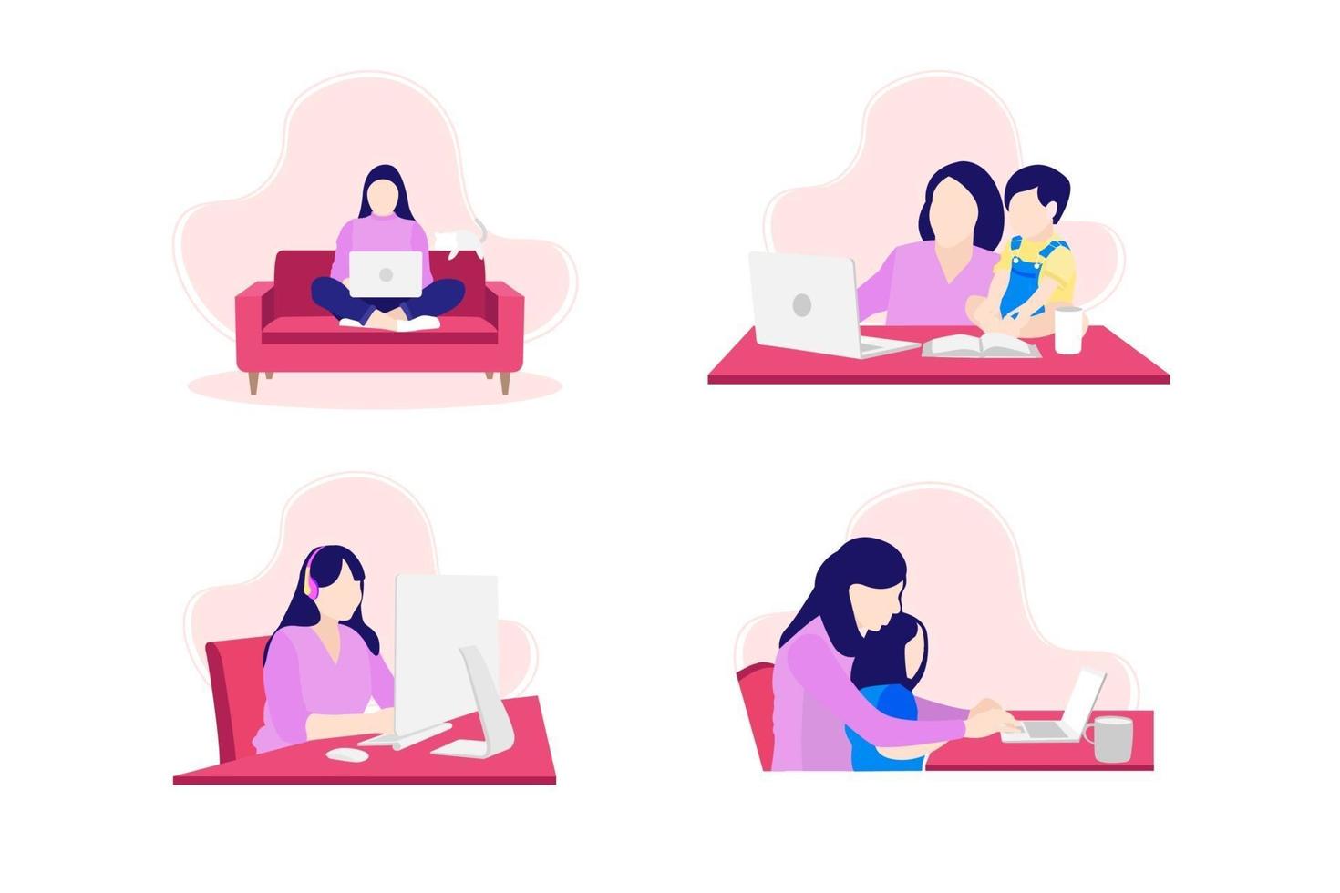 young woman sitting on sofa using laptop working from home vector