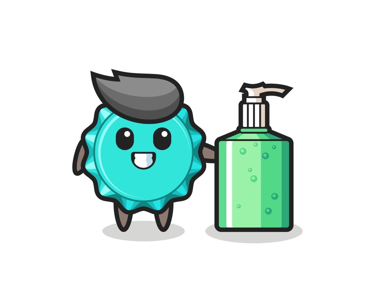 cute bottle cap cartoon with hand sanitizer vector