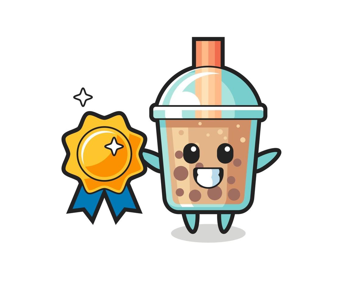 bubble tea mascot illustration holding a golden badge vector