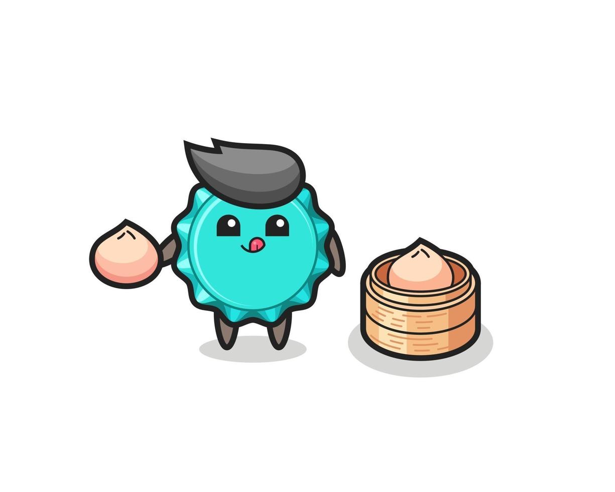cute bottle cap character eating steamed buns vector