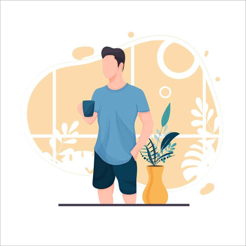 portrait of man is holding a cup of coffee, flat design concept, vector