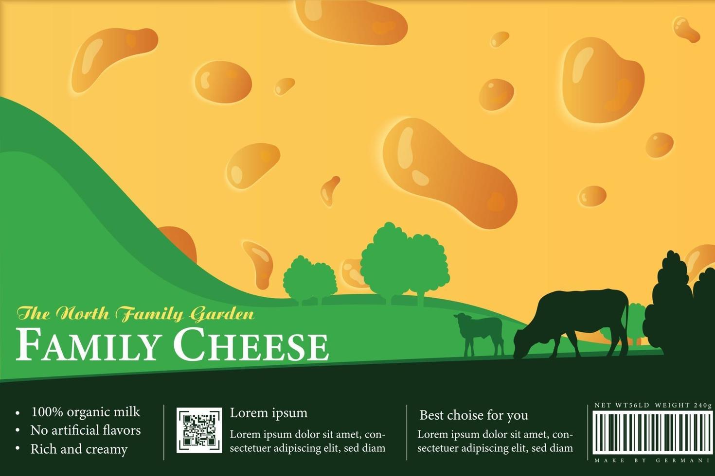 Etiqueta de embalaje de queso fresco con paisaje rural, vacas y terneros. vector