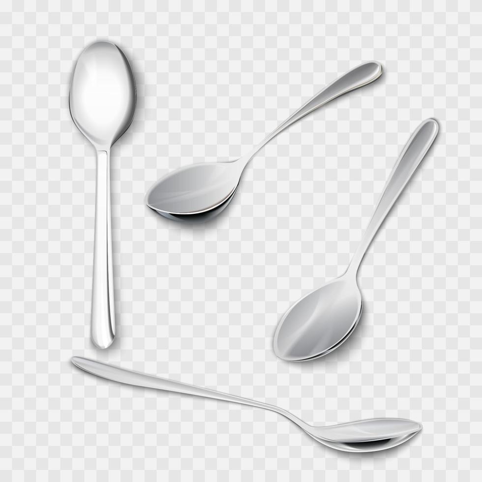 Set 3d of realistic metal spoons from different points of view vector