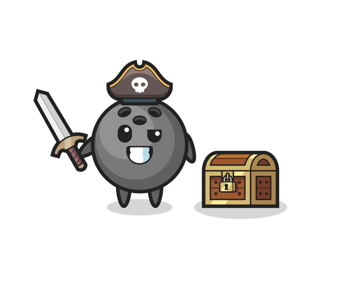 el personaje pirata de la bola de boliche sosteniendo la espada al lado de un cofre del tesoro vector
