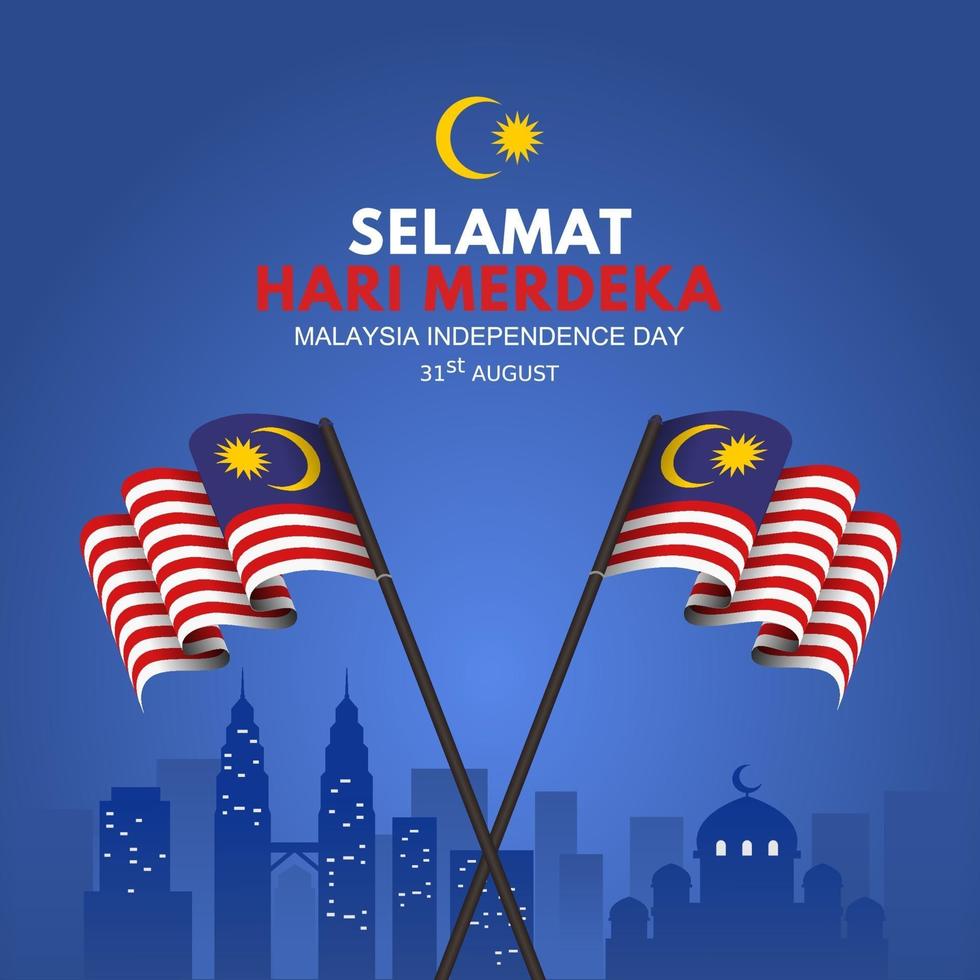Fondo del día de la independencia de Malasia con bandera ondeando y punto de referencia vector
