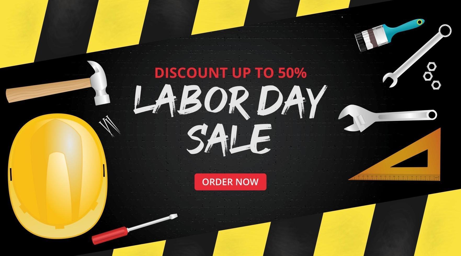 Labor day sale banner with asphalt background, borders, and many tools vector