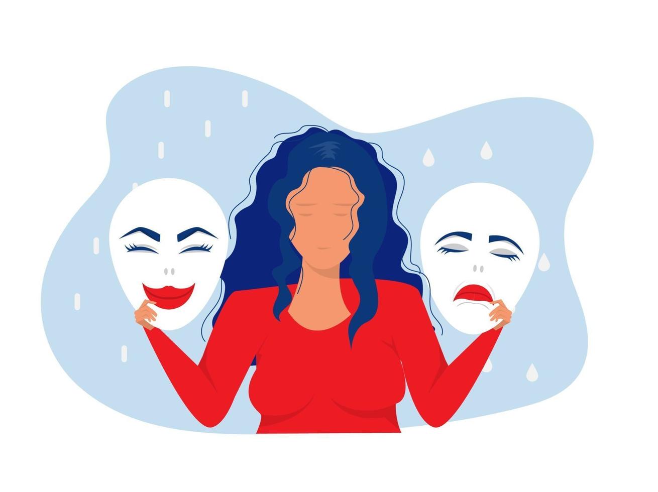 mujer sosteniendo máscaras con expresiones felices y tristes. vector
