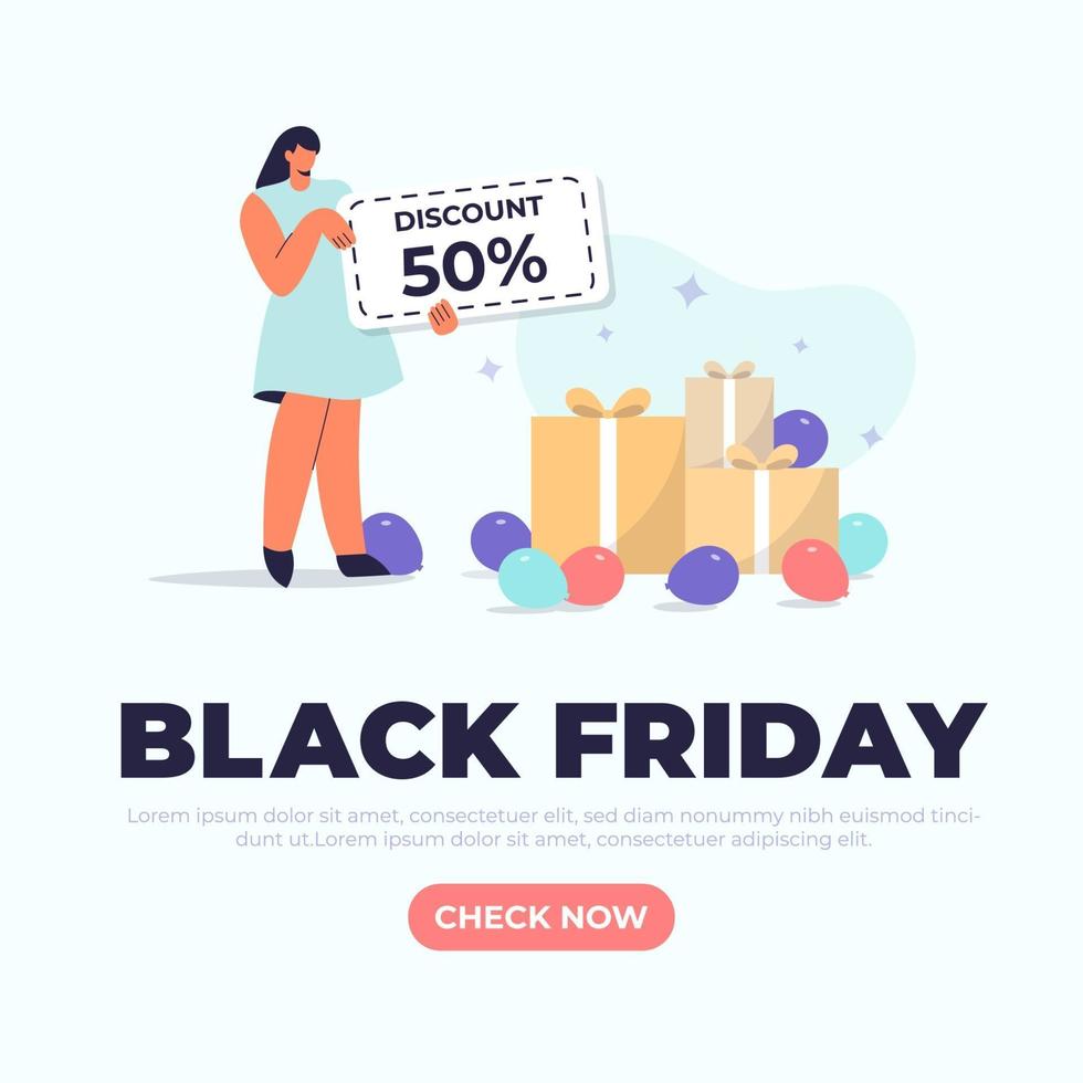 Black friday banner with a staff holding discount code in flat design vector
