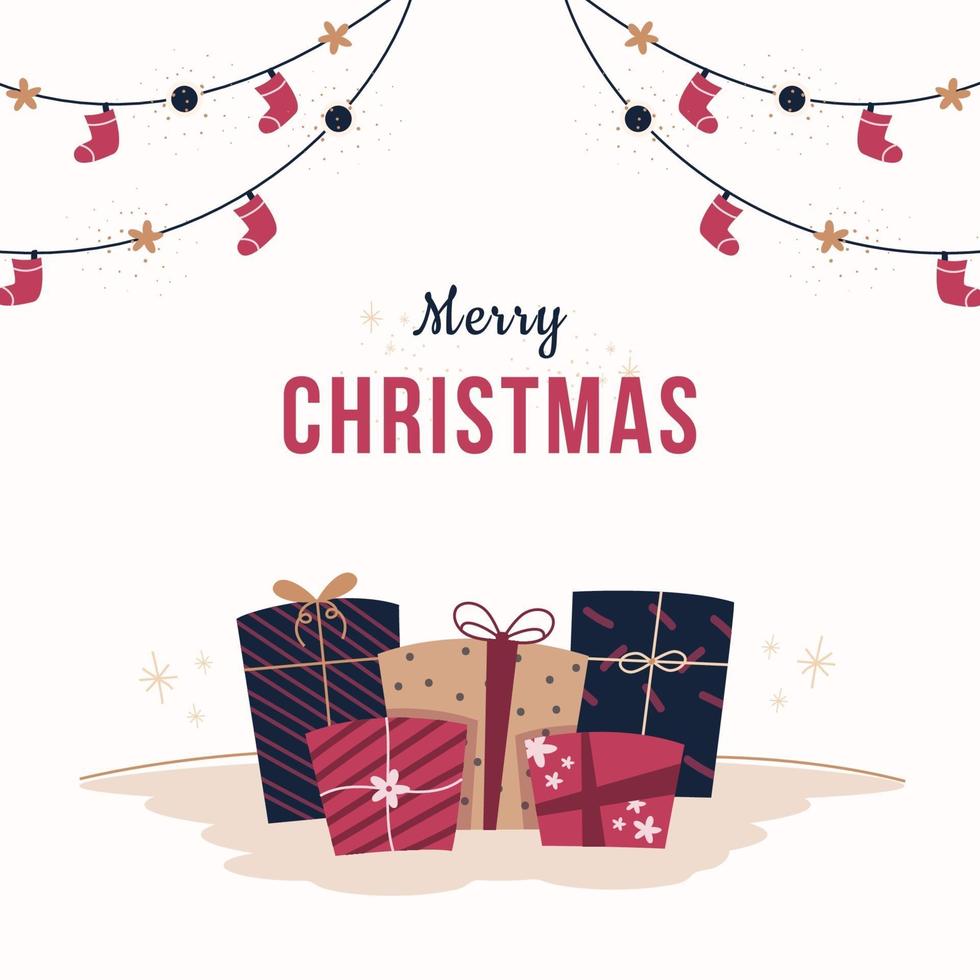 Merry Christmas background with cute gift boxes in flat design vector