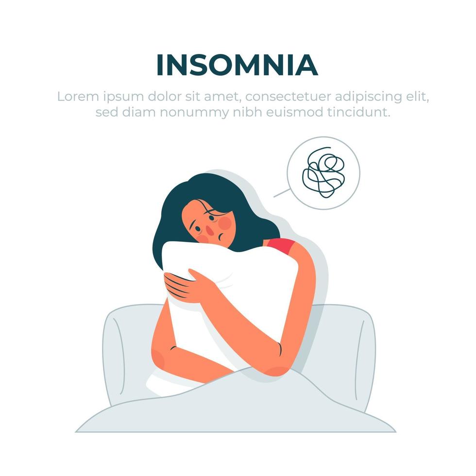 Insomnia concept with woman hugging pillow vector