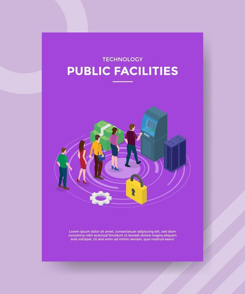 technology public facilities people standing waiting in line front atm vector