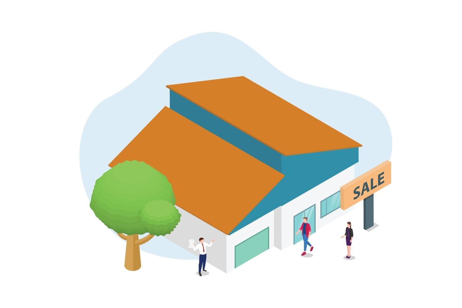 house sale concept with people and home buildings and banner sign vector