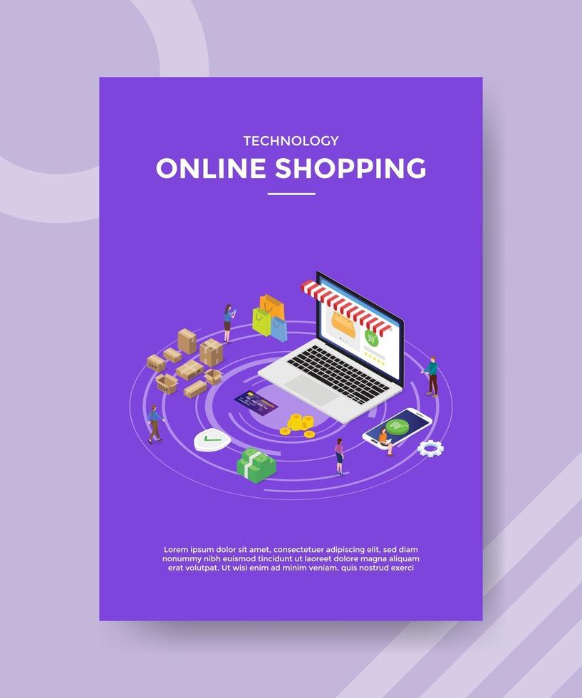 technology online shopping people standing around laptop store vector