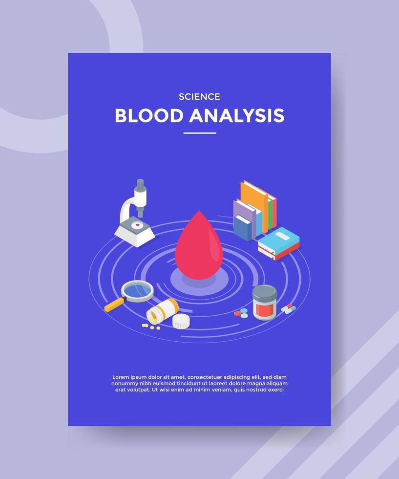 ciencia análisis de sangre gota sangre alrededor de microscopio pila de libros vector