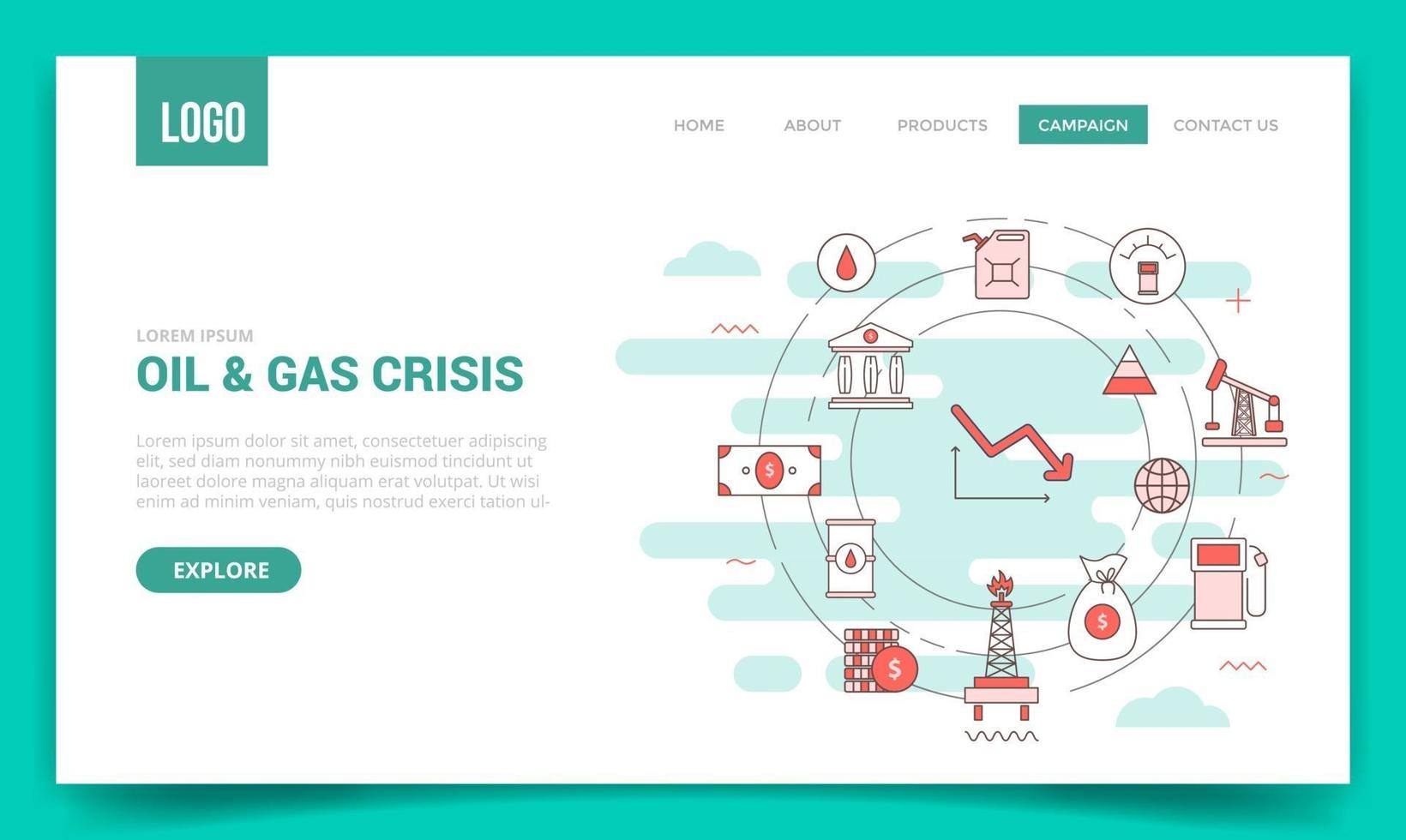 Concepto de crisis de petróleo con icono de círculo para plantilla de sitio web vector