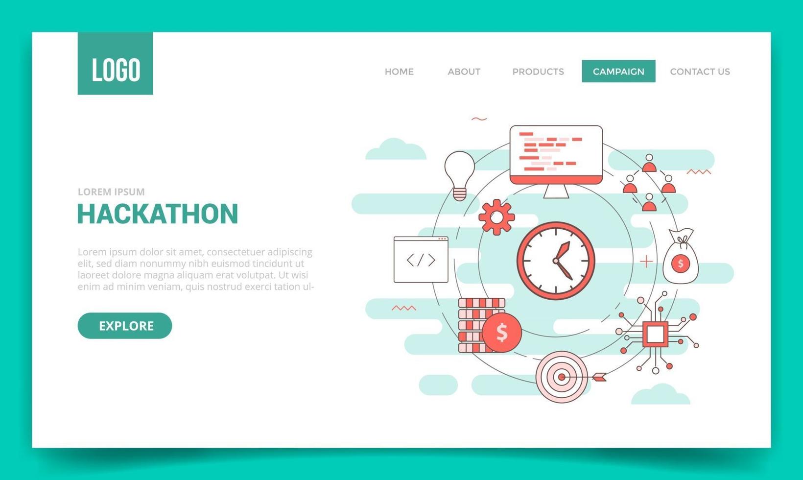 concepto de hackathon con icono de círculo para plantilla de sitio web vector