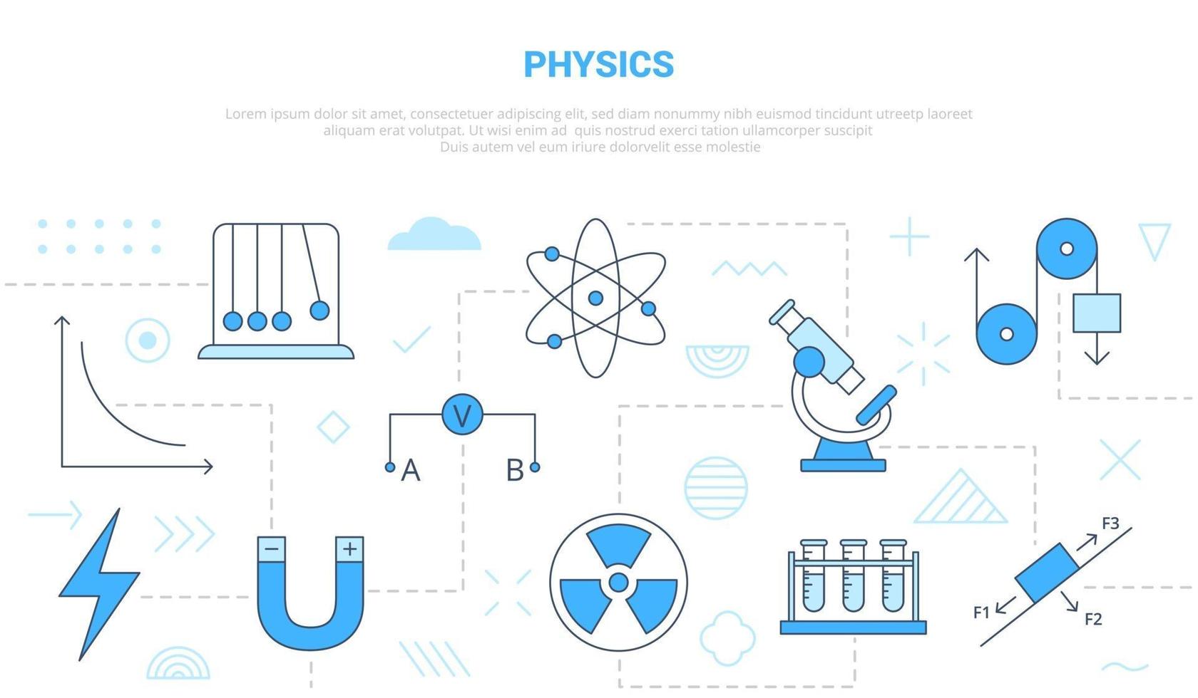 concepto de física con banner de plantilla de conjunto de iconos vector