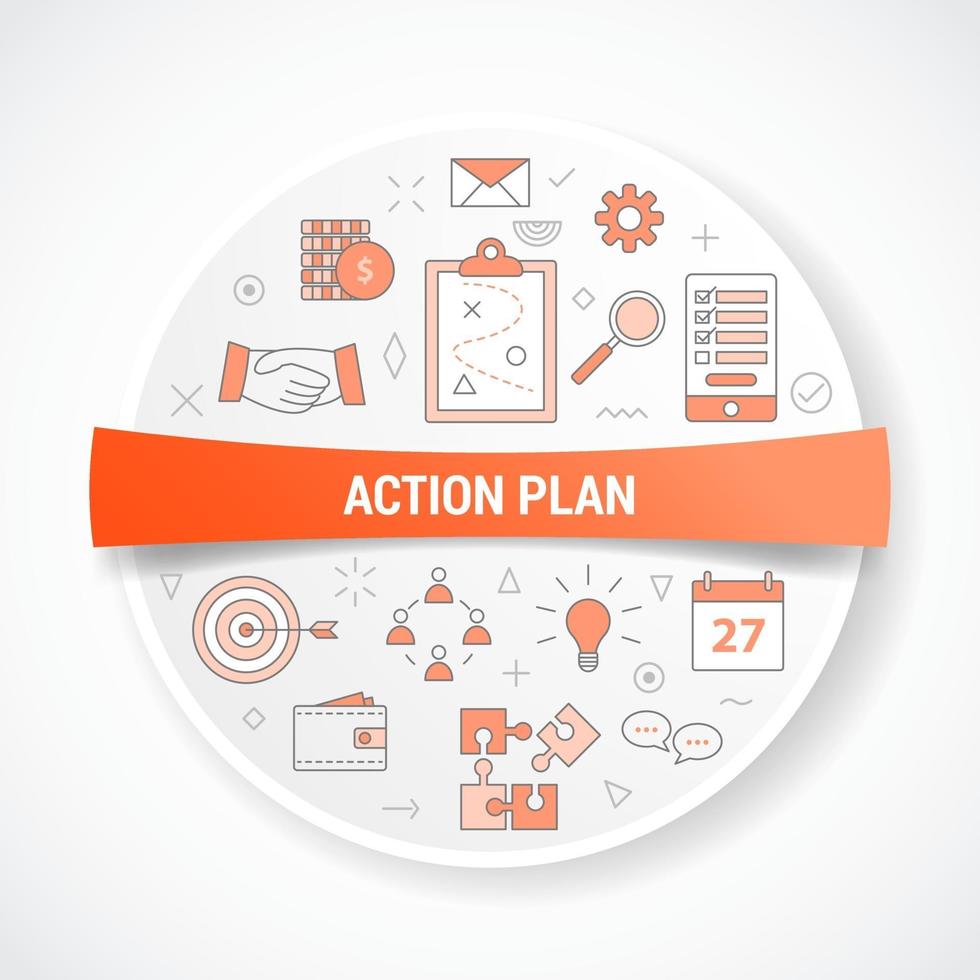 business action plan with icon concept with round or circle shape vector