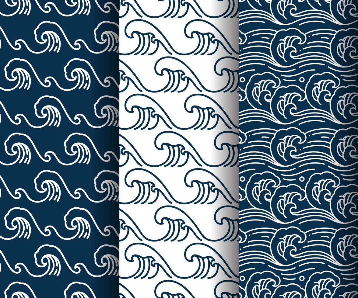 Water sea wave vector seamless pattern set.