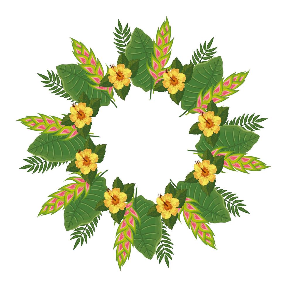 Marco circular de flores con hojas icono aislado vector