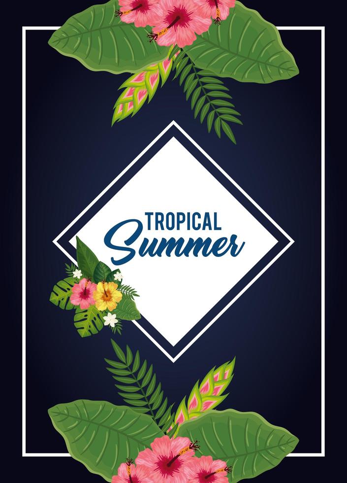 tropical summer poster with flowers and leafs vector