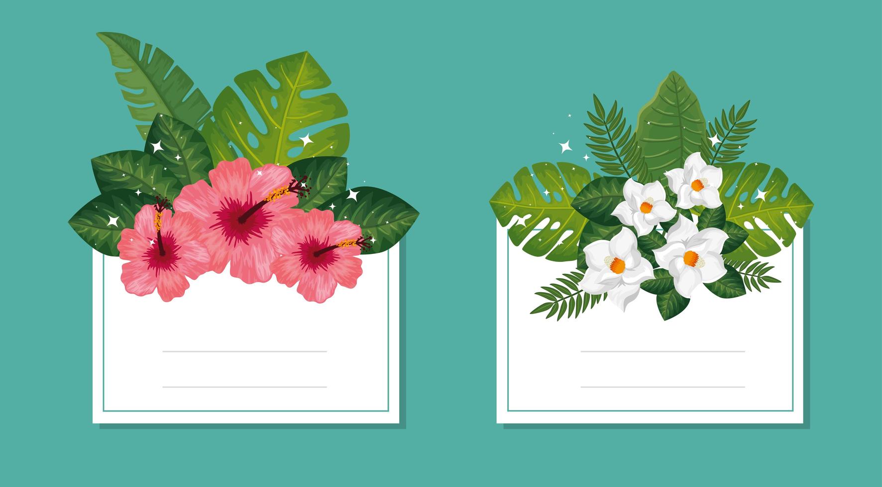 set of cards with flowers and leafs decoration vector