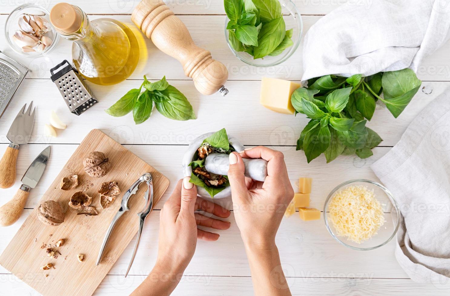 Preparing Italian pesto sauce photo