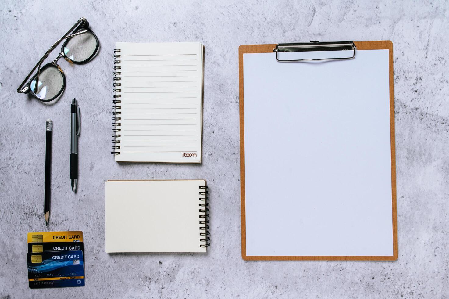 Stationary set top view with clear notepad photo