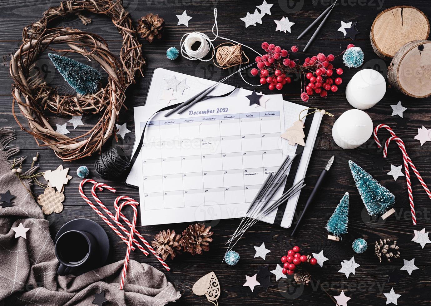 December 2021 calendar with holiday decorations photo