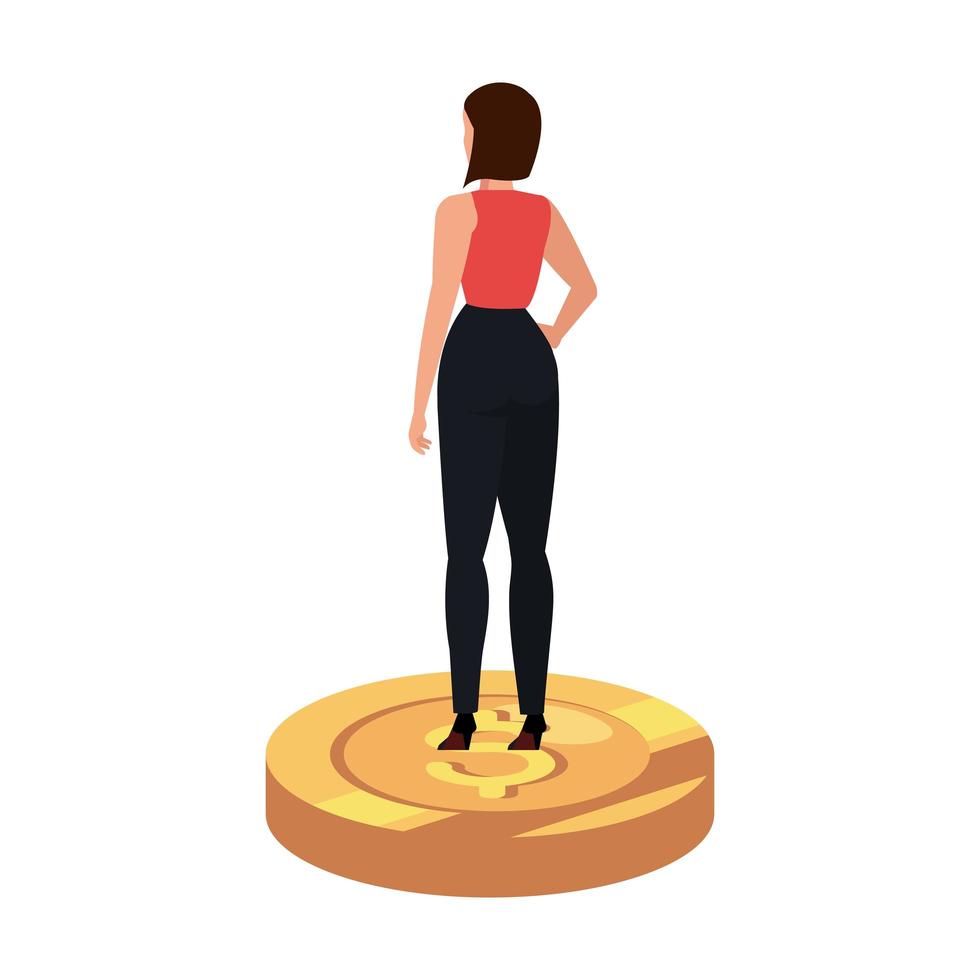 espalda, mujer de negocios, elegante, encima, moneda, aislado, icono vector