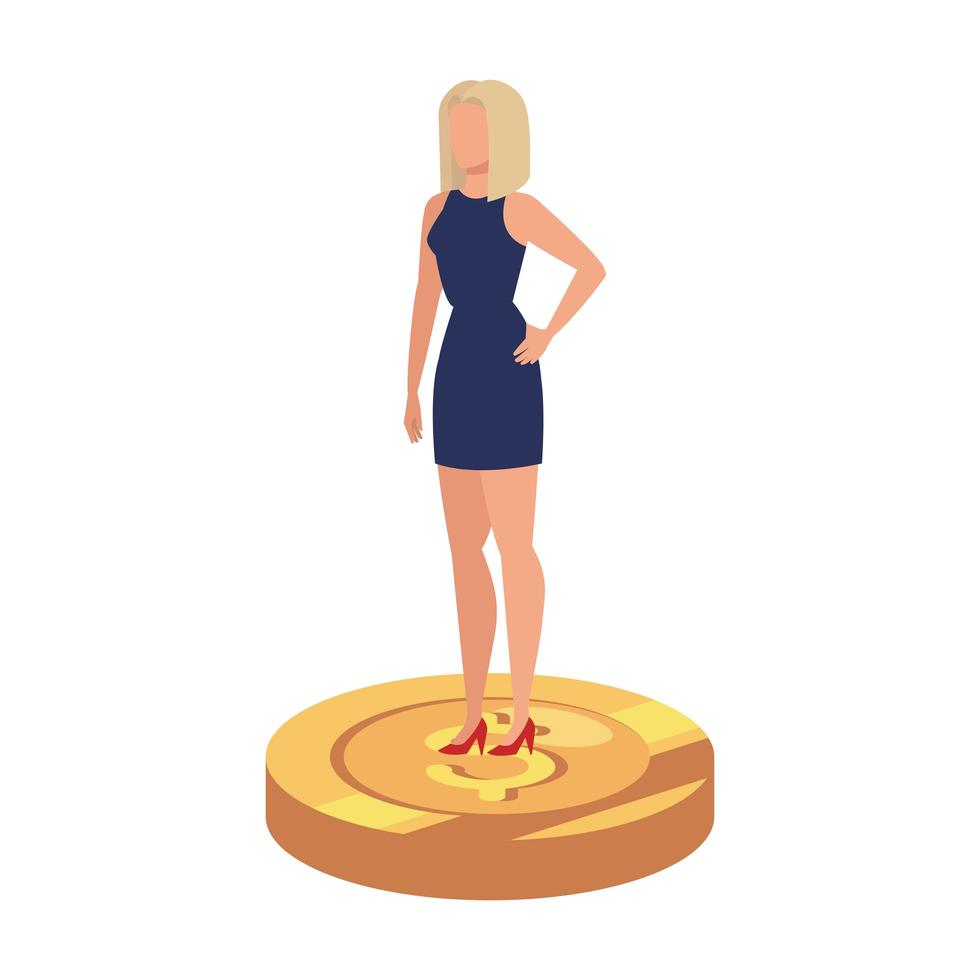 mujer de negocios, elegante, encima, moneda, aislado, icono vector