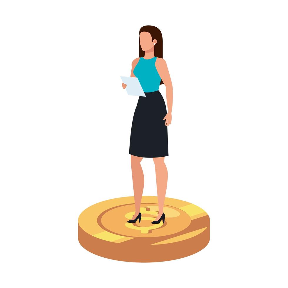 mujer de negocios, elegante, encima, moneda, aislado, icono vector