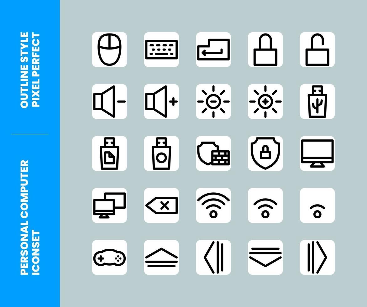 conjunto de iconos de computadora personal estilo de contorno pixel perfect vector