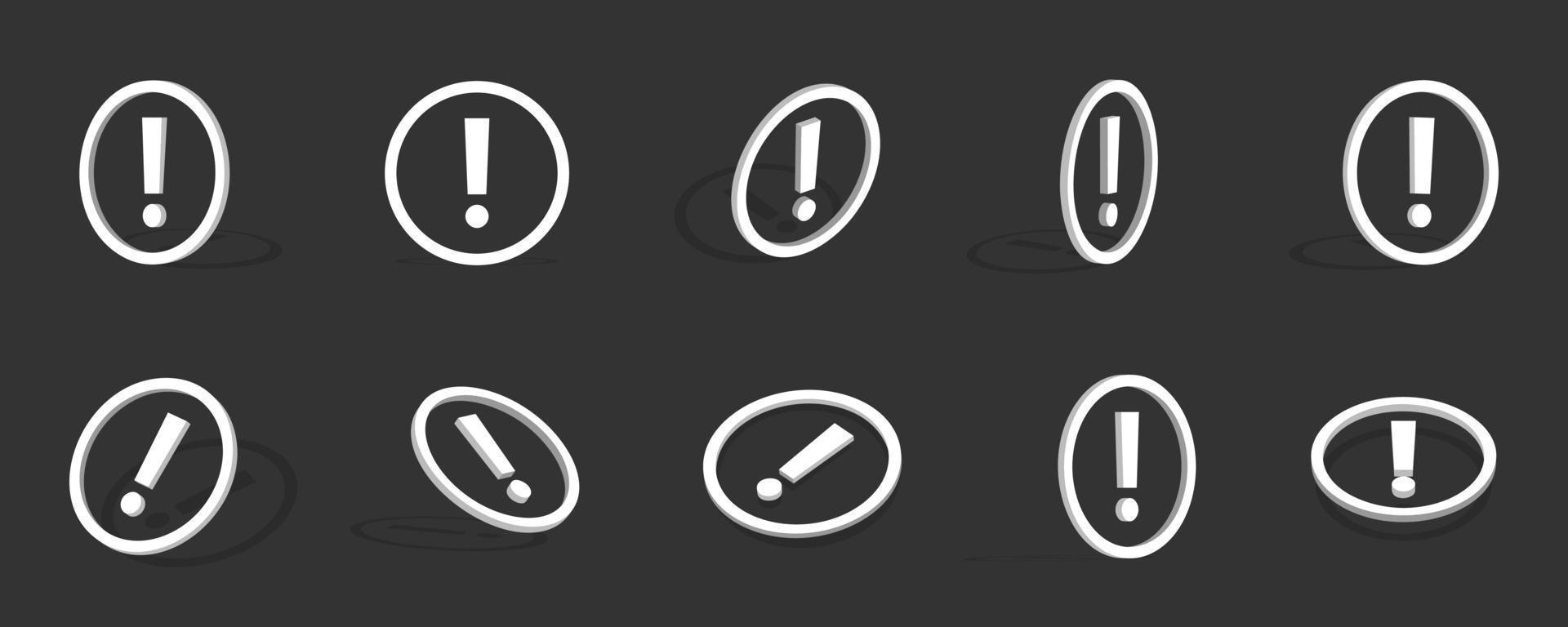 White exclamation mark 3d icon illustration with different views vector