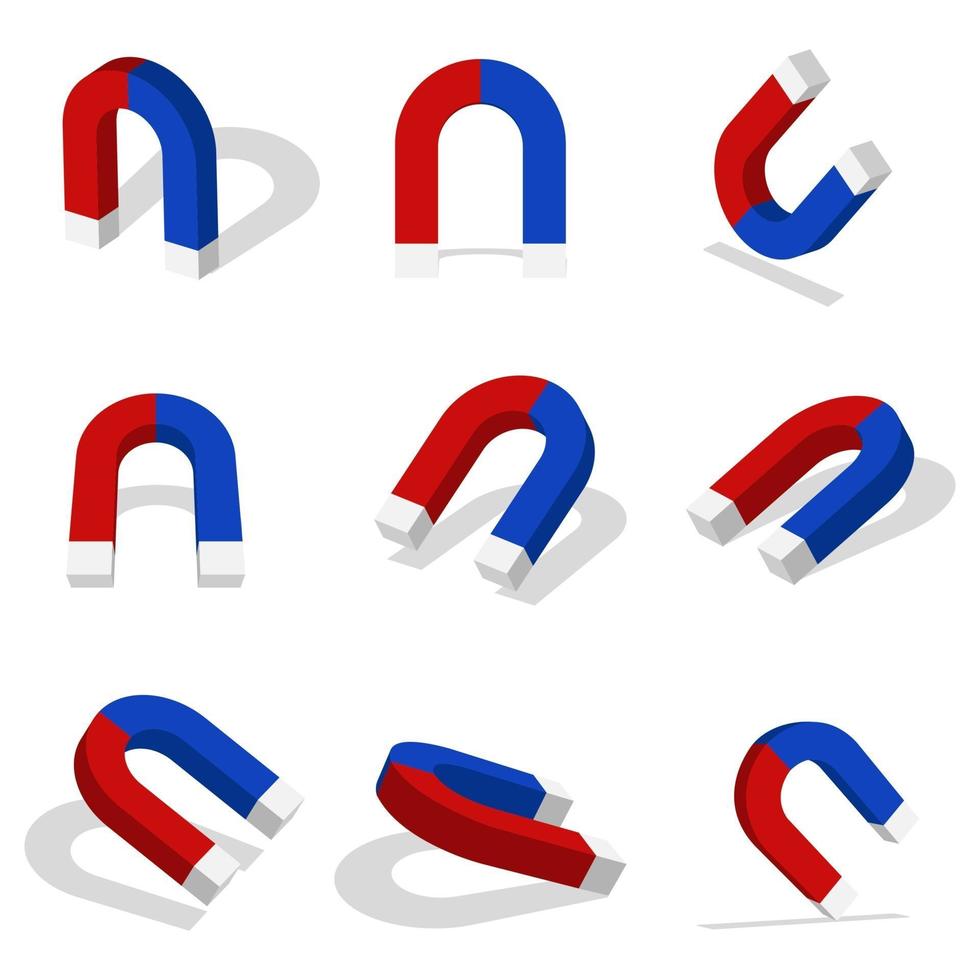 Magnet 3d icon illustration with different views and angles vector