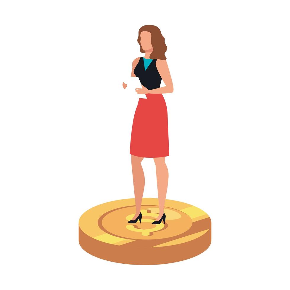 mujer de negocios, elegante, encima, moneda, aislado, icono vector