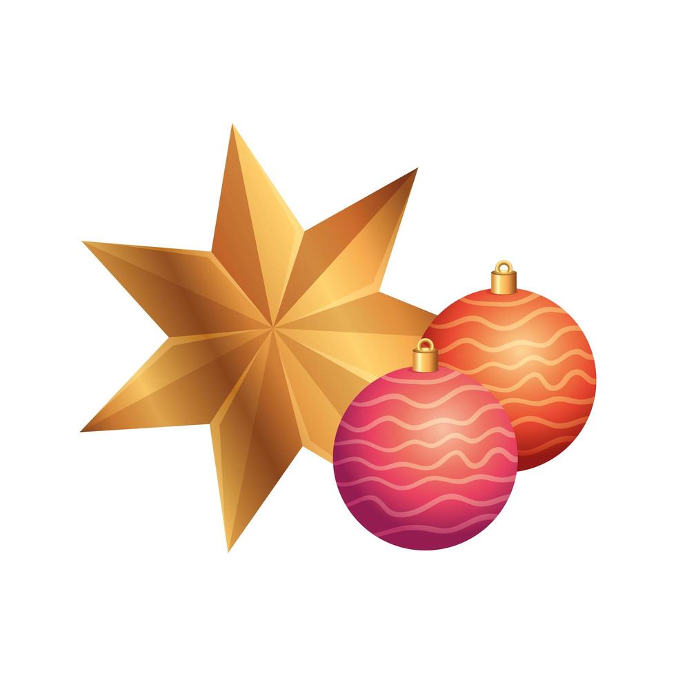 Estrella con bolas de navidad icono aislado de decoración vector