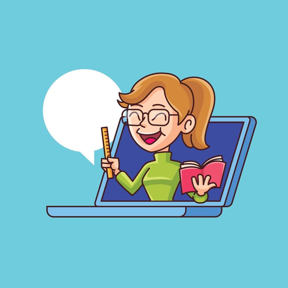 dama de dibujos animados enseñando sosteniendo un libro y saliendo de la computadora vector
