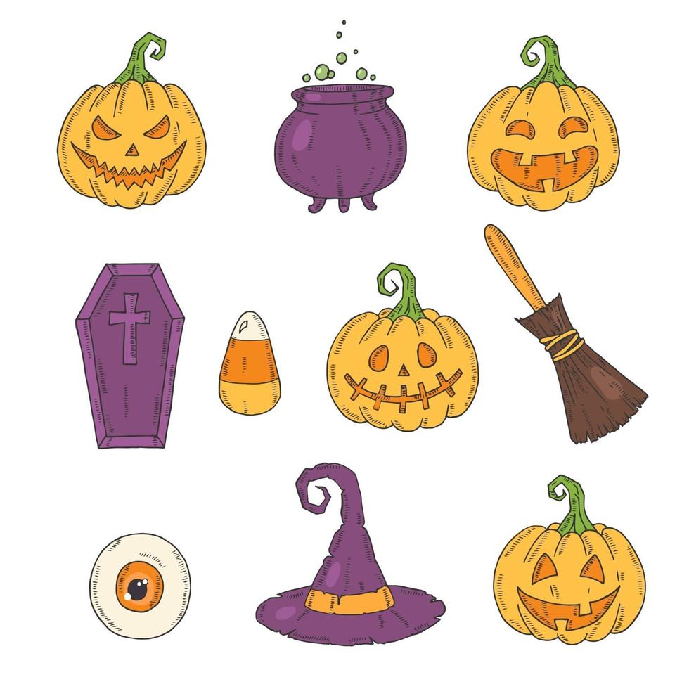 Halloween icons color set. Hand drawn Pumpkin Jack vector