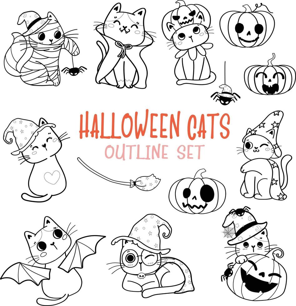 cute Halloween cat cartoon outline doodle set vector colouring page