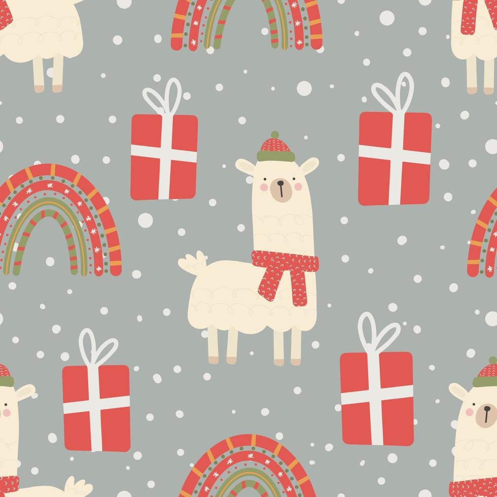 Seamless Christmas pattern with llama, rainbow and gifts Digital paper vector