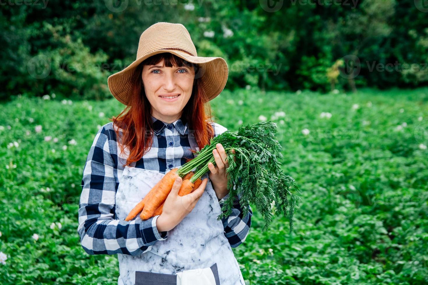 mujer sosteniendo zanahorias foto